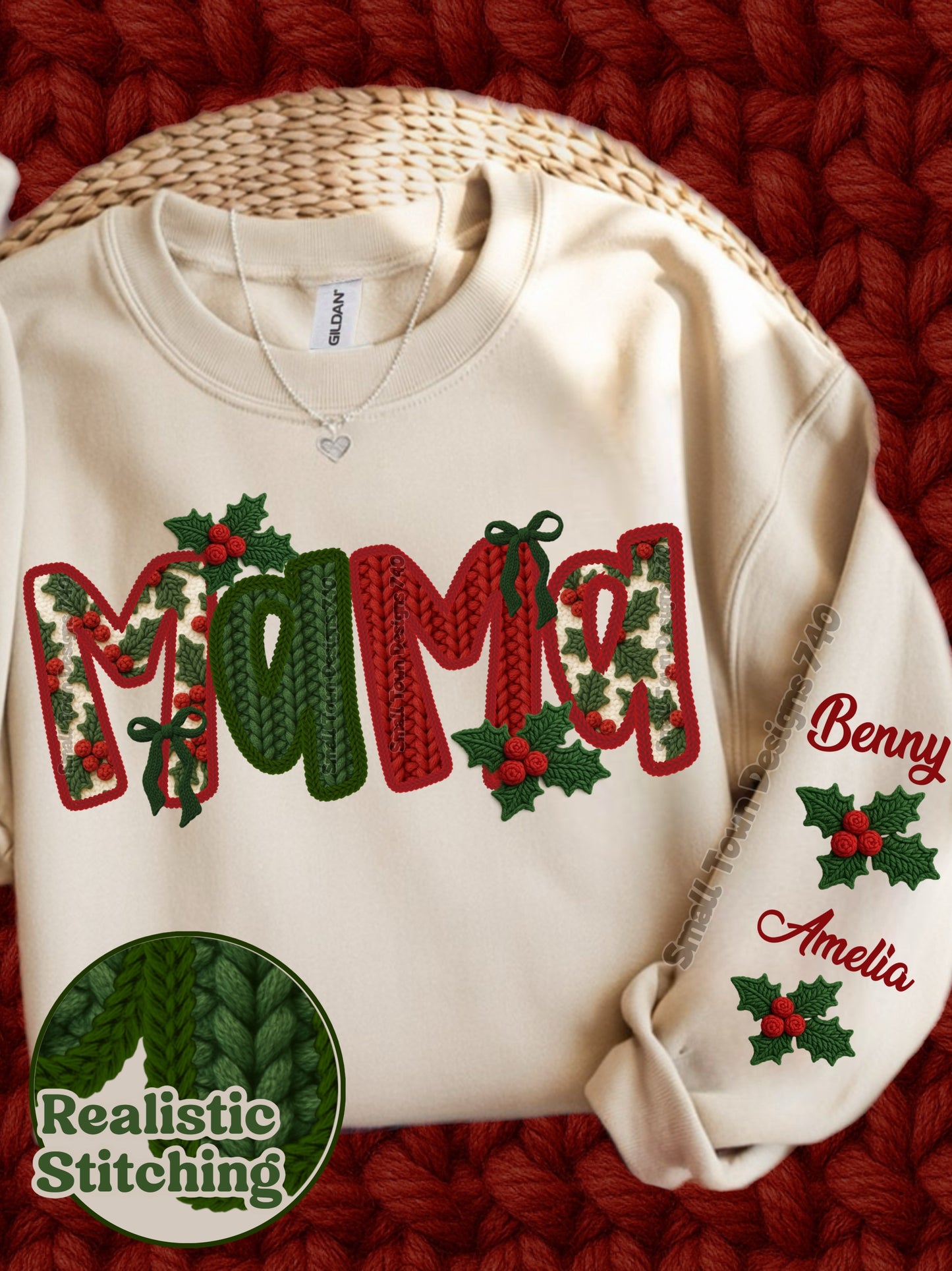 Mama Christmas with poinsetta & kids on sleeve