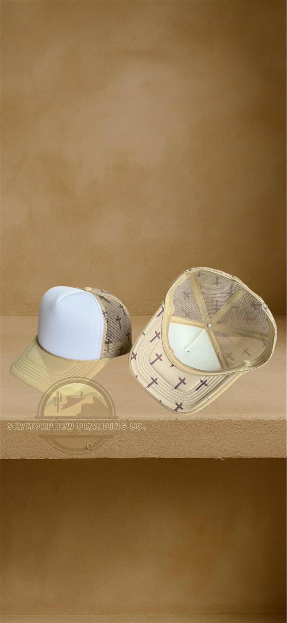 Tan Cross Trucker Hat with Bill Bottom