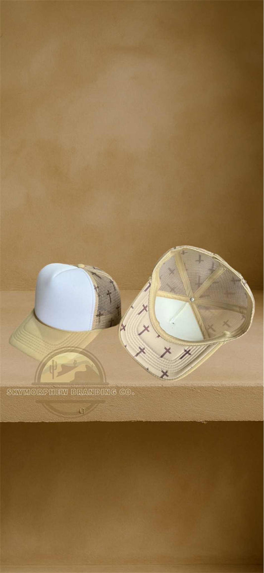 Tan Cross Trucker Hat with Bill Bottom